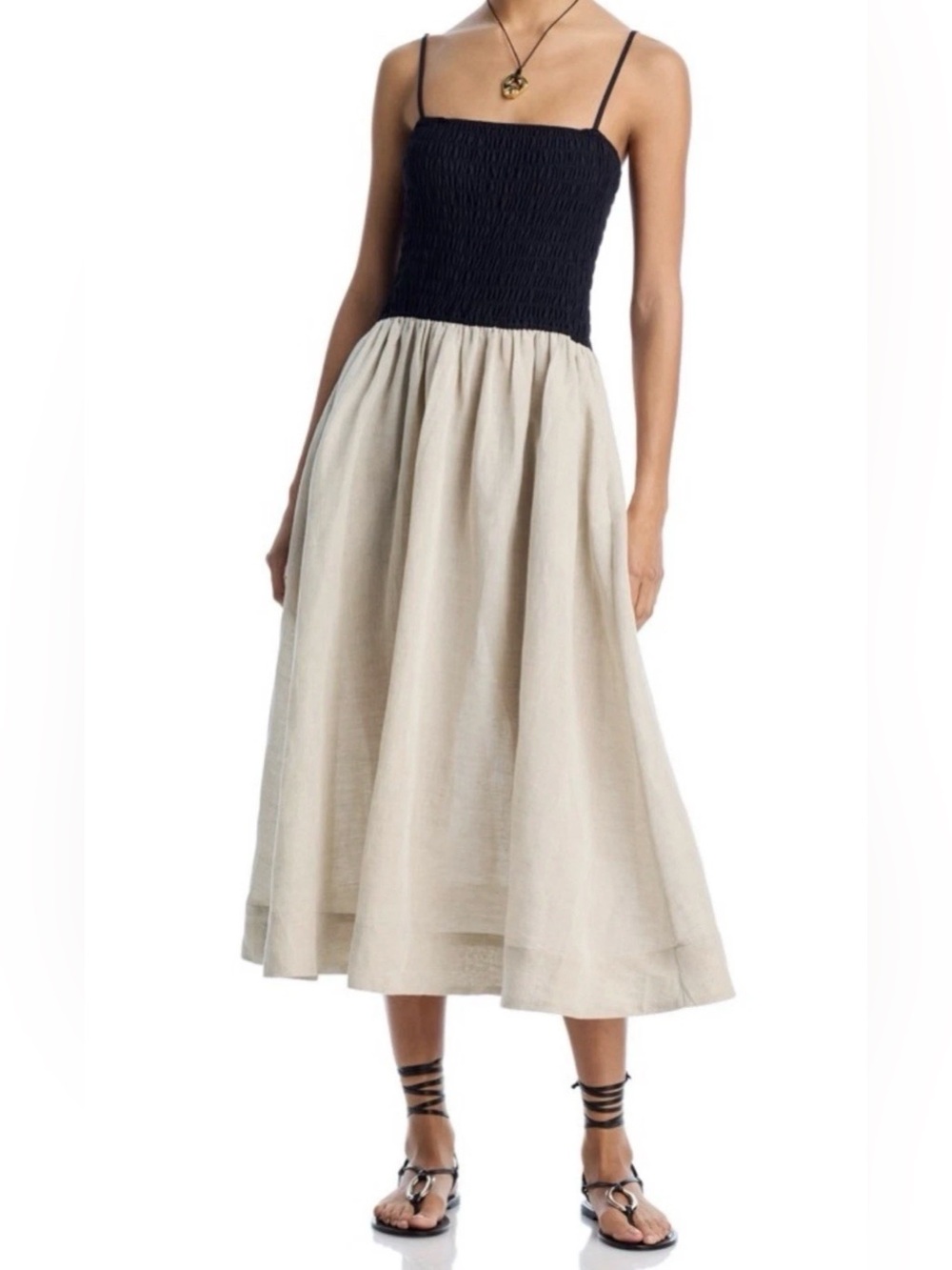 Ciao Lucia Women’s Mael Smocked Dress, Oatmeal/Black, Large, MSRP $365